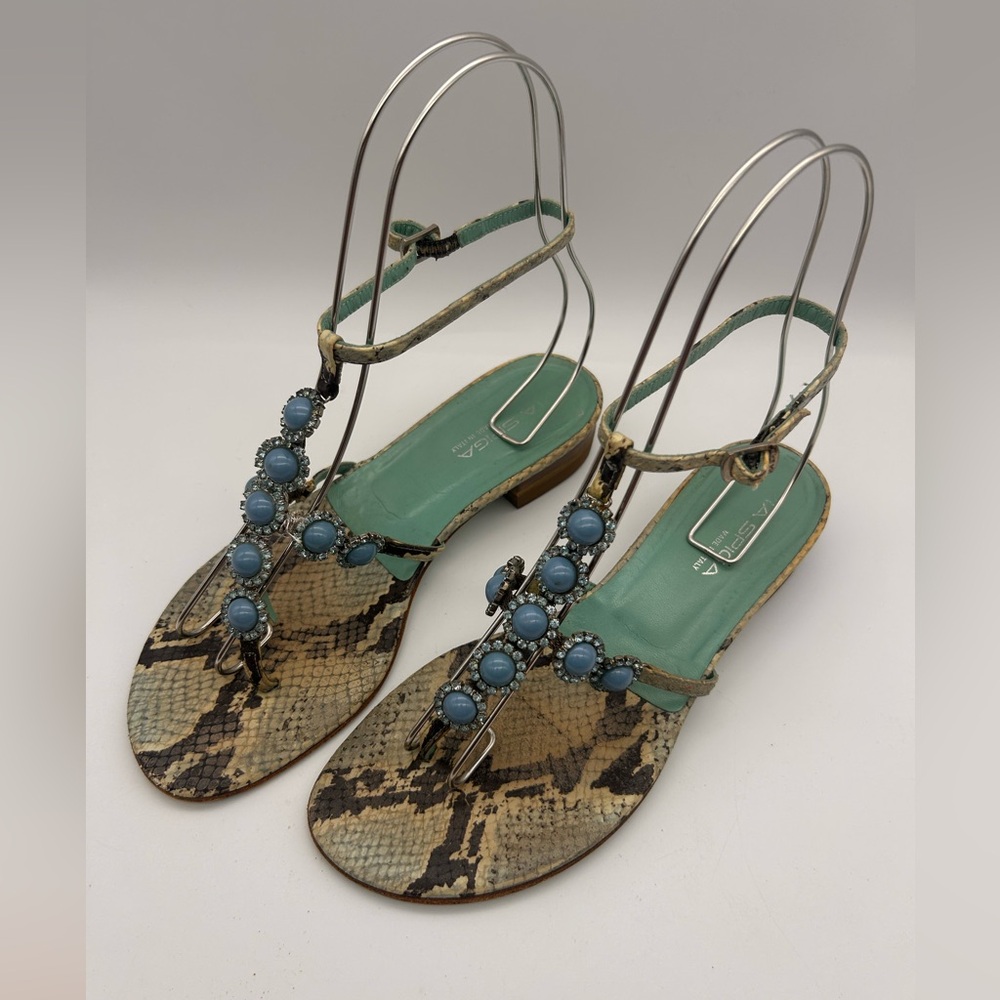 VIA SPIGA Italian Leather Sandals Sz 7.5 Snakeskin Turquoise Rhinestone